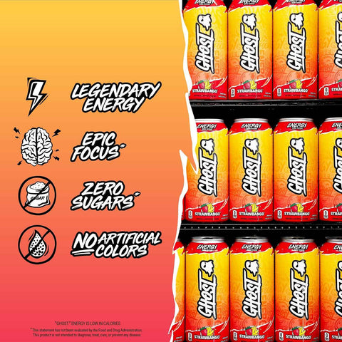 GHOST Energy Drink, Zero Sugars, 12-Pack, Strawbango - 200MG Caffeine, 16oz