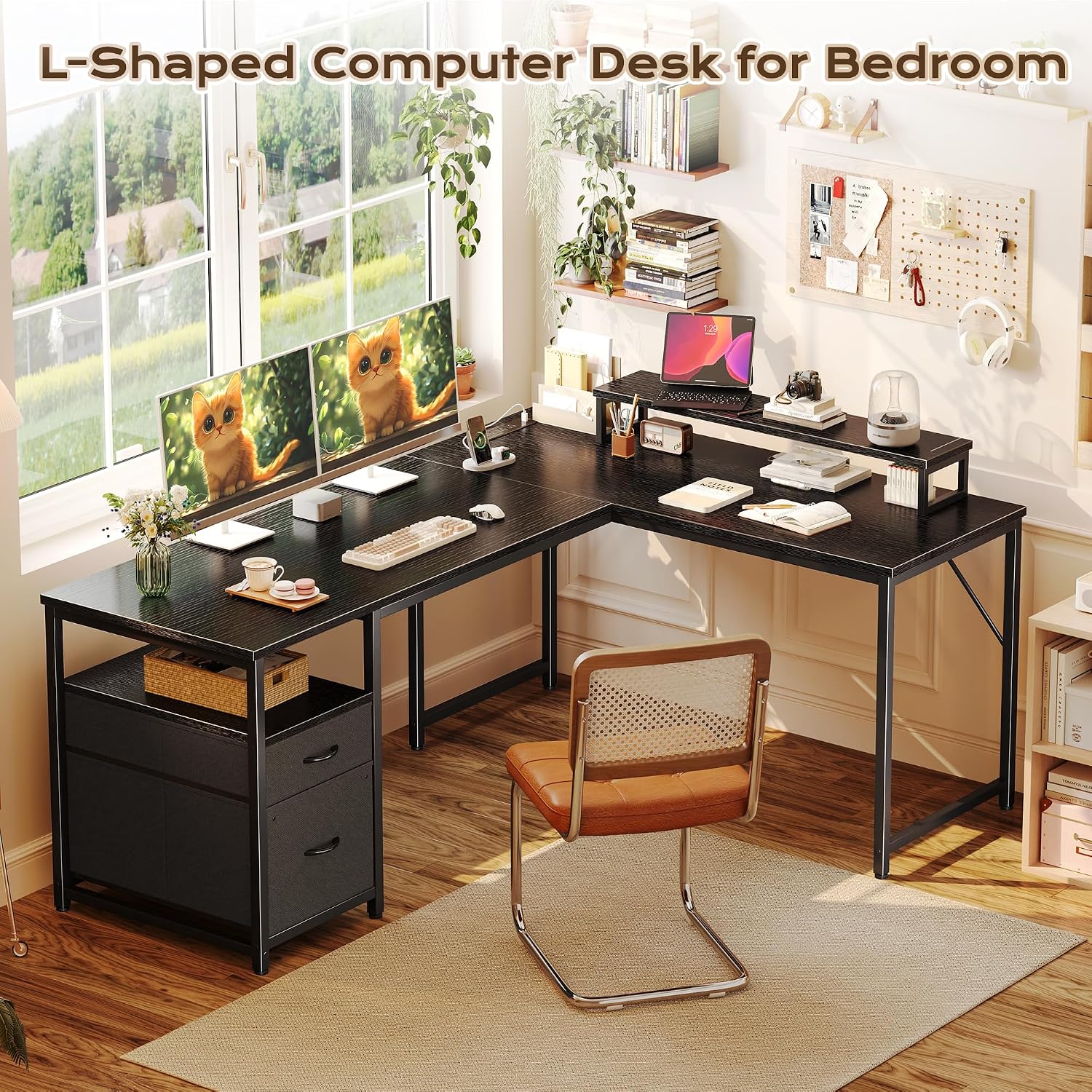 PRAISUN 55 Inch L Shaped Desk with Power Outlets and USB-C Port, Computer Corner Home Office Desk with File Fabric Drawers and Movable Monitor Stand, Larger Storage for Gaming, Work, Black