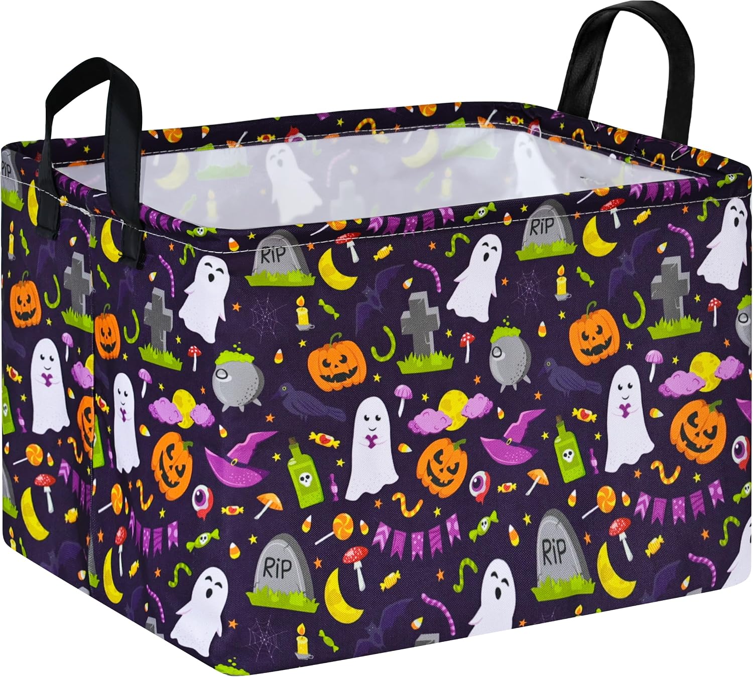 Halloween Ghost Storage Basket with Handles, Pumpkin Print Collapsible Rectangular Organizer Bin, Cotton Linen Gift Basket, Laundry Hamper Toy Storage Box for Bedroom Closet Shelf Home Decor