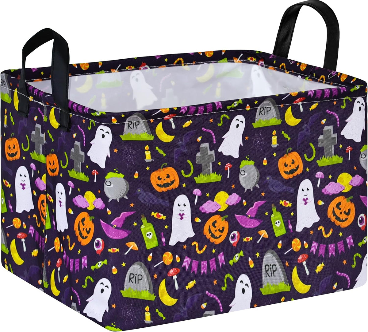 Halloween Ghost Storage Basket with Handles, Pumpkin Print Collapsible Rectangular Organizer Bin, Cotton Linen Gift Basket, Laundry Hamper Toy Storage Box for Bedroom Closet Shelf Home Decor