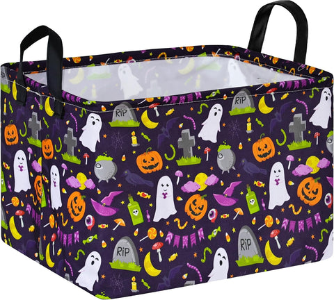Halloween Ghost Storage Basket with Handles, Pumpkin Print Collapsible Rectangular Organizer Bin, Cotton Linen Gift Basket, Laundry Hamper Toy Storage Box for Bedroom Closet Shelf Home Decor