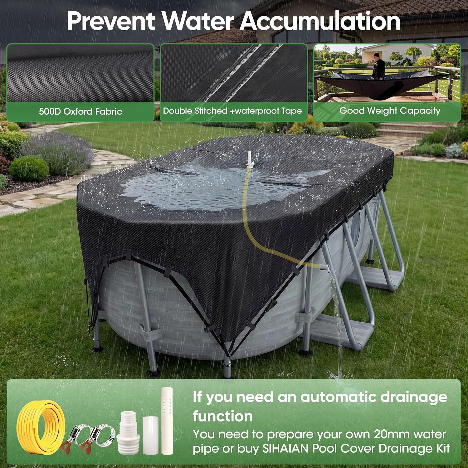 SIHAIAN 16x32Ft Oval Pool Cover Patented Design Four-Corner Locking 500D Rectangular and Oval Pool Cover, Prevent Water Accumulation Pool Cover for Oval Above Ground Pool with 4 Storage Straps