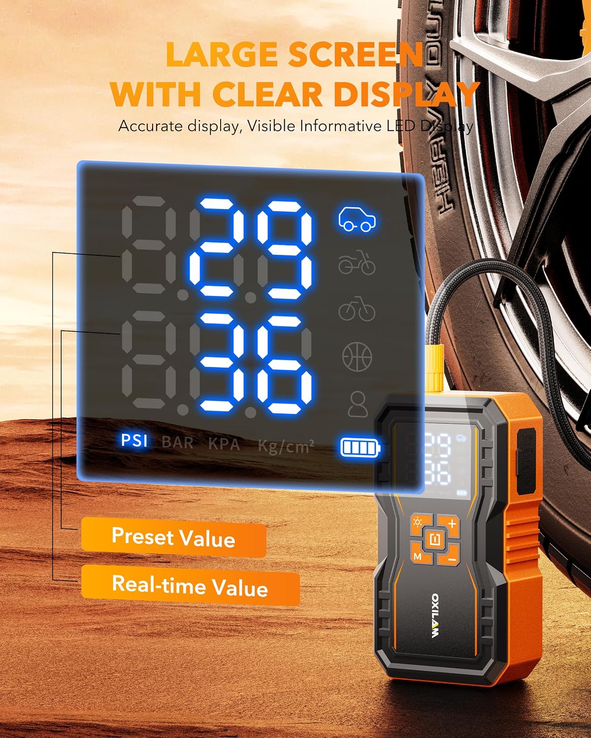 OXILAM 7000A Jump Starter with Air Compressor 160 PSI for All Gas/12L Diesel, 12V Battery Jumper Starter Portable with Auto-Shutoff Tire Inflator, Jumper Cables, LED Display, LED Light, Power Bank