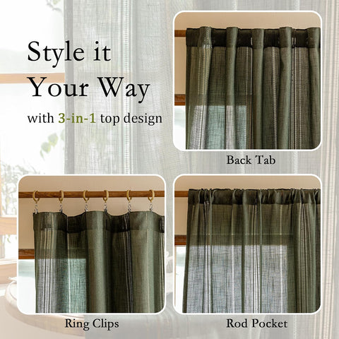MYSKY HOME Bohemian Living Room Curtains Semi Sheers Long Drapes Light Filtering Privacy Protect Farmhouse Style Hollowed-Out Curtain for Sliding Glass Door, 50" W×90" L, Olive Green, 2 Panels