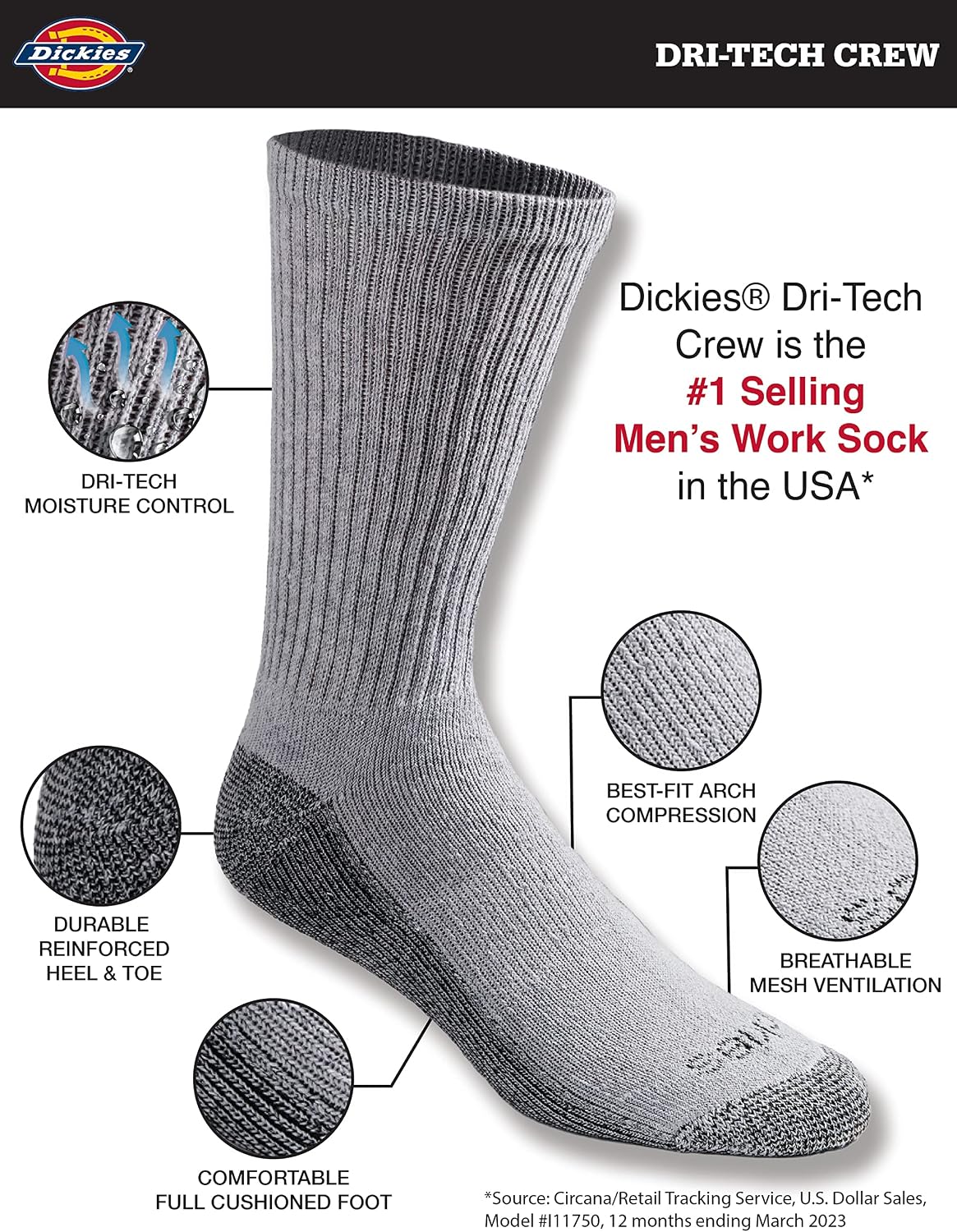 Dickies Men's Dri-tech Original Moisture Control Crew Socks, Available in M-xxl (6, 12, 18 Pairs)