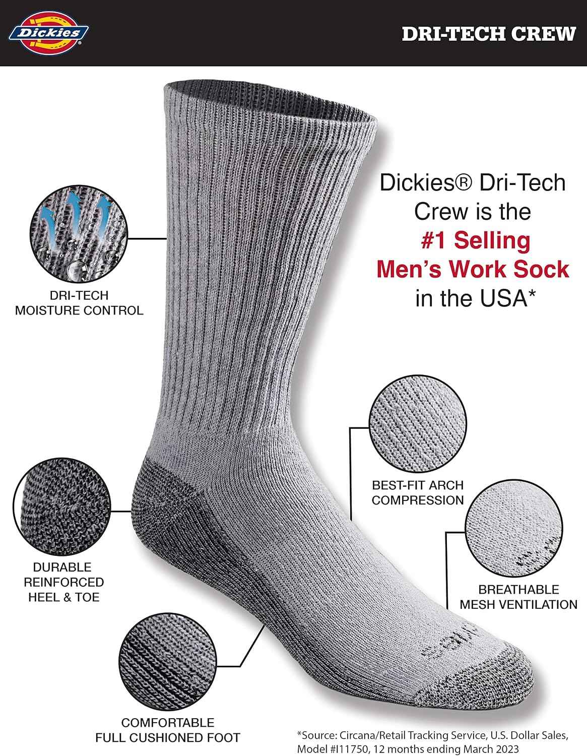 Dickies Men's Dri-tech Original Moisture Control Crew Socks, Available in M-xxl (6, 12, 18 Pairs)