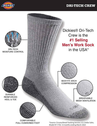 Dickies Men's Dri-tech Original Moisture Control Crew Socks, Available in M-xxl (6, 12, 18 Pairs)