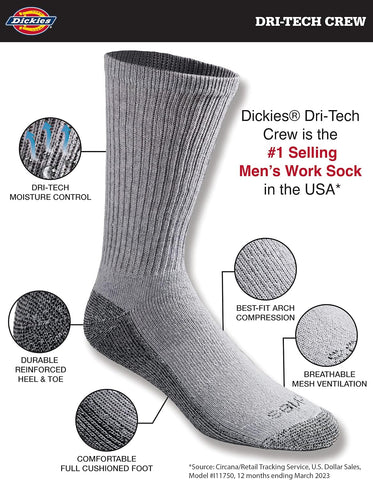 Dickies Men's Dri-tech Original Moisture Control Crew Socks, Available in M-xxl (6, 12, 18 Pairs)