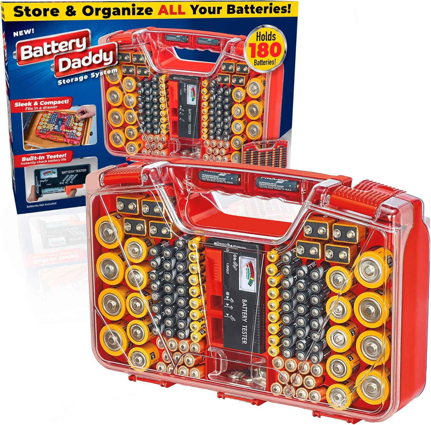 Ontel Battery Daddy Storage & Organizer Case w/Tester, Stores & Protects Up to 180 Batteries, Double-Sided, Clear Locking Lid, Secure Latches & Portable Carrying Handle - Red (Batteries Not Included)