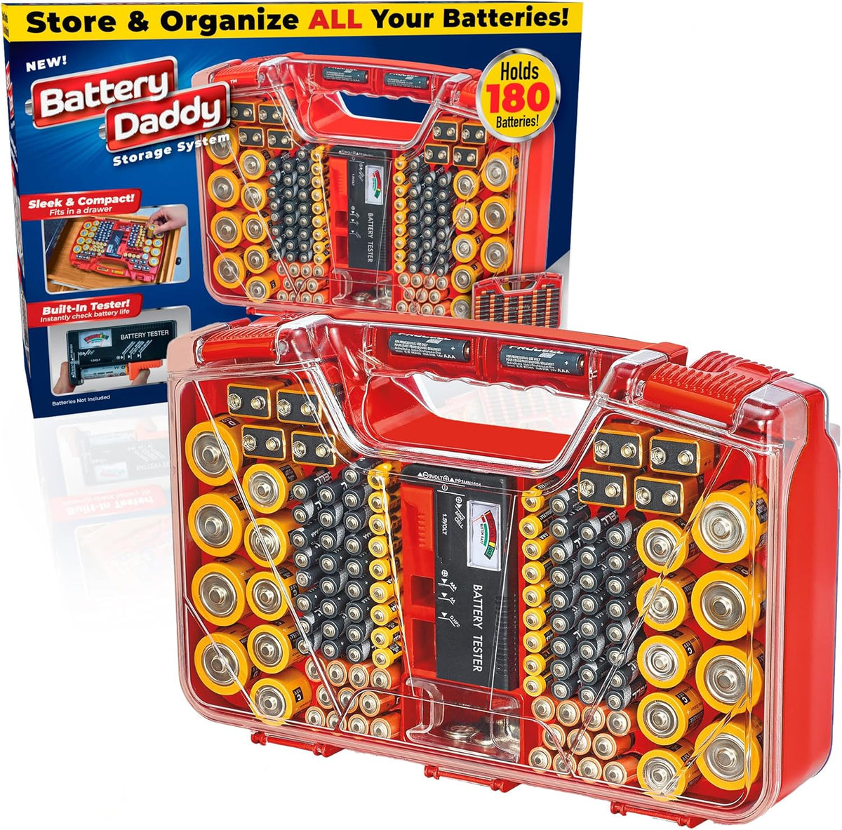 Ontel Battery Daddy Storage & Organizer Case w/Tester, Stores & Protects Up to 180 Batteries, Double-Sided, Clear Locking Lid, Secure Latches & Portable Carrying Handle - Red (Batteries Not Included)