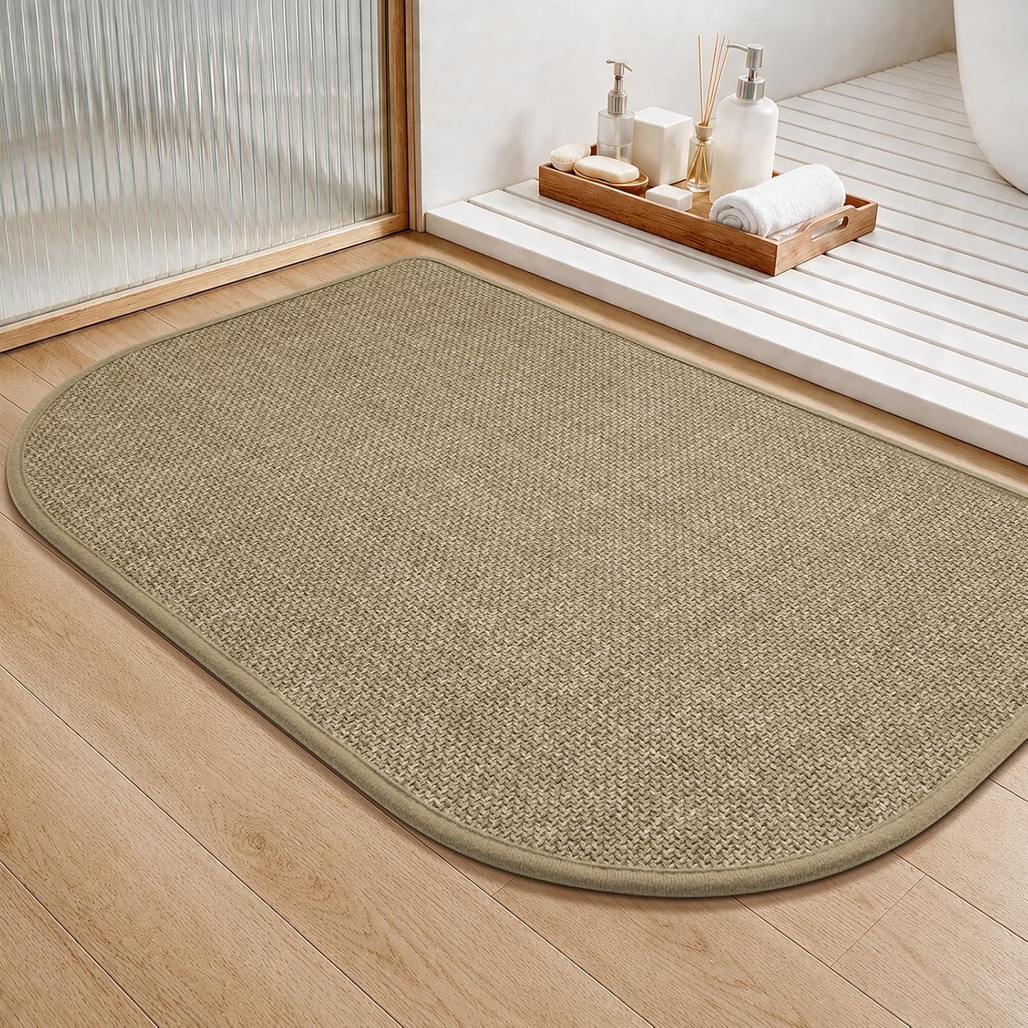 YDKGL Half Circle Bath Mat, Non Slip Thin Bathroom Rugs, Brown 20x31