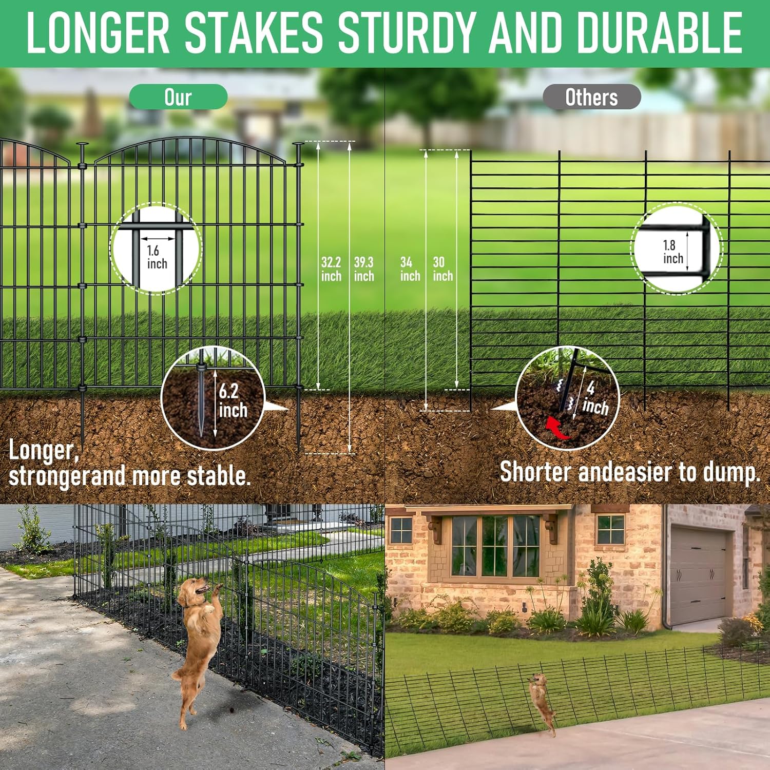 10 Panel No Dig Metal Garden Fence 32"H x 23.6'L Dog Fence Outdoor for Yard
