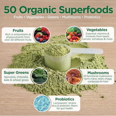 Country Farms Super Greens Natural Flavor, 50 Organic Super Foods, USDA Organic Drink Mix, Fruits, Vegetables, Super Greens, with Fiber, Mushrooms & Probiotics, Supports Energy, 60 Servings, 900g