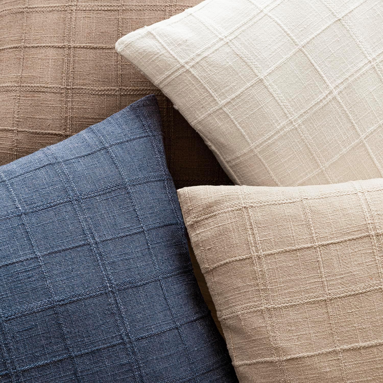 Foindtower Textured Linen Check Lumbar Throw Pillow Cover 12×20 Cream White