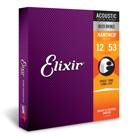 Elixir Strings, Acoustic Guitar Strings, 80/20 Bronze with NANOWEB Coating, Longest-Lasting Bright and Focused Tone with Comfortable Feel, 6 String Set, Light 12-53