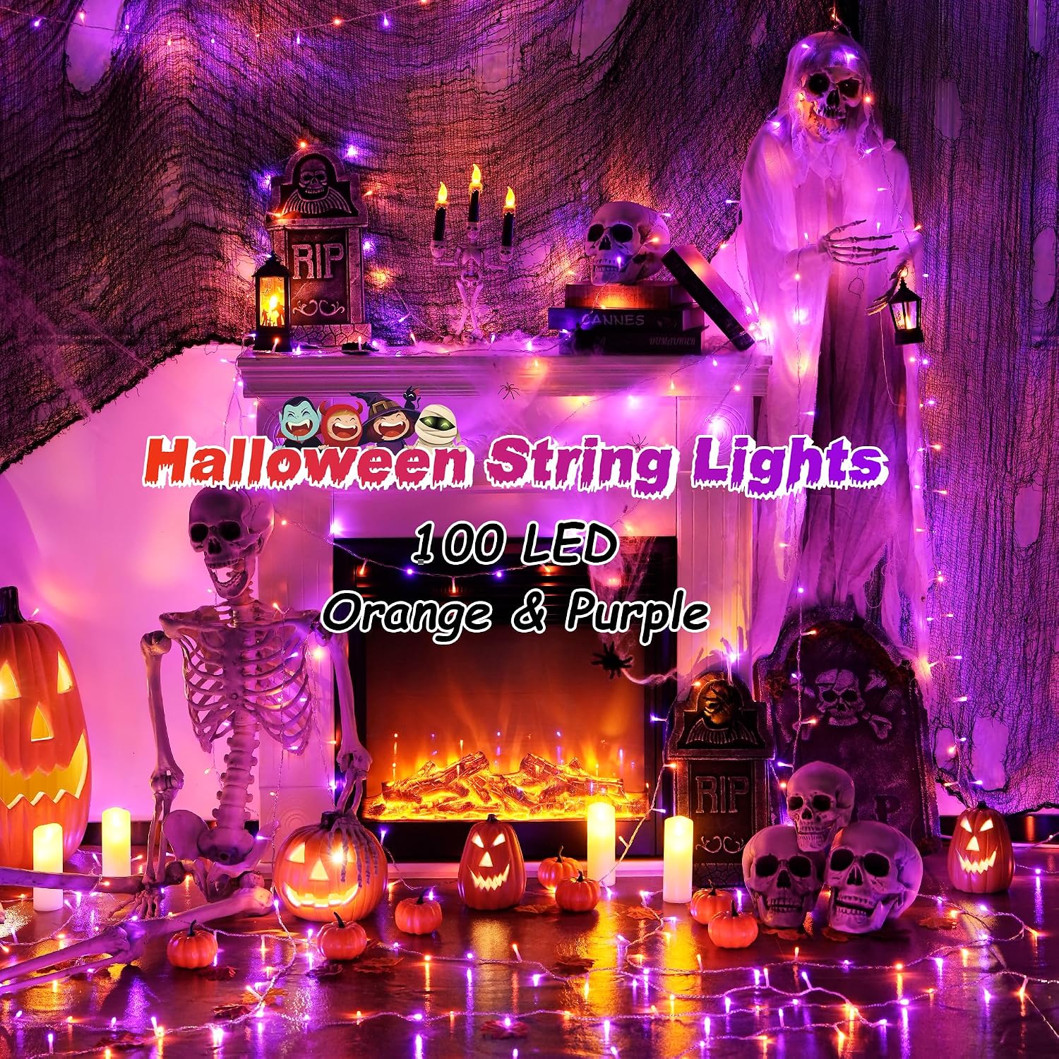JMEXSUSS 33 FT 100 LED Orange and Purple Halloween String Lights Indoor