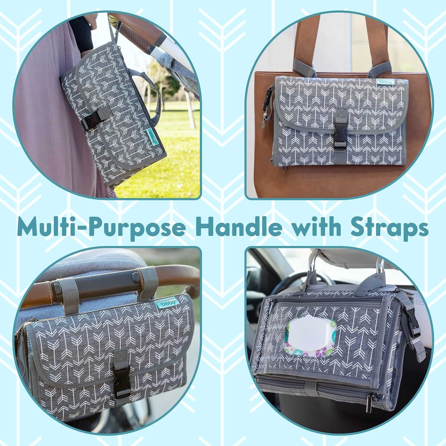 Kopi Baby Portable Diaper Changing Pad, Wipes Pocket, Premium Grey Arrows