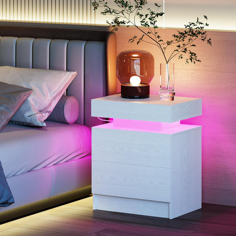 LIKIMIO Nightstand with Charging Station LED Light and 2 Drawers White