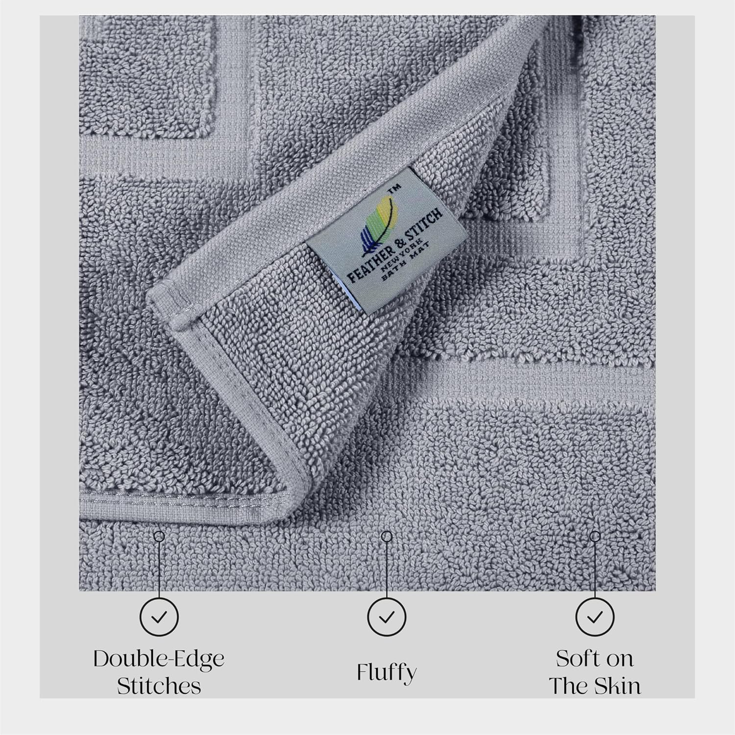 Feather & Stitch 100% Cotton Bath Mats 2 Piece 30x21 Inches, Grey
