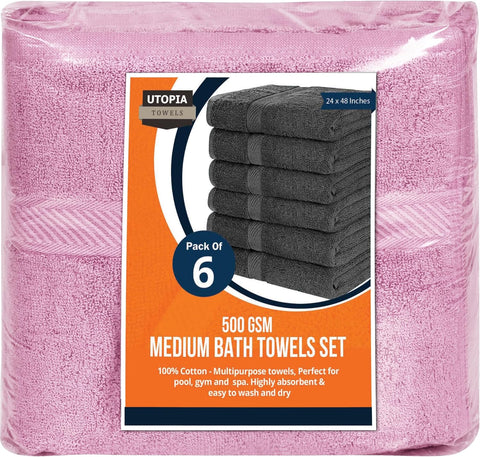 Utopia Towels 6 Pack Medium Bath Towels, 24x48 in, 500 GSM Cotton, Pink