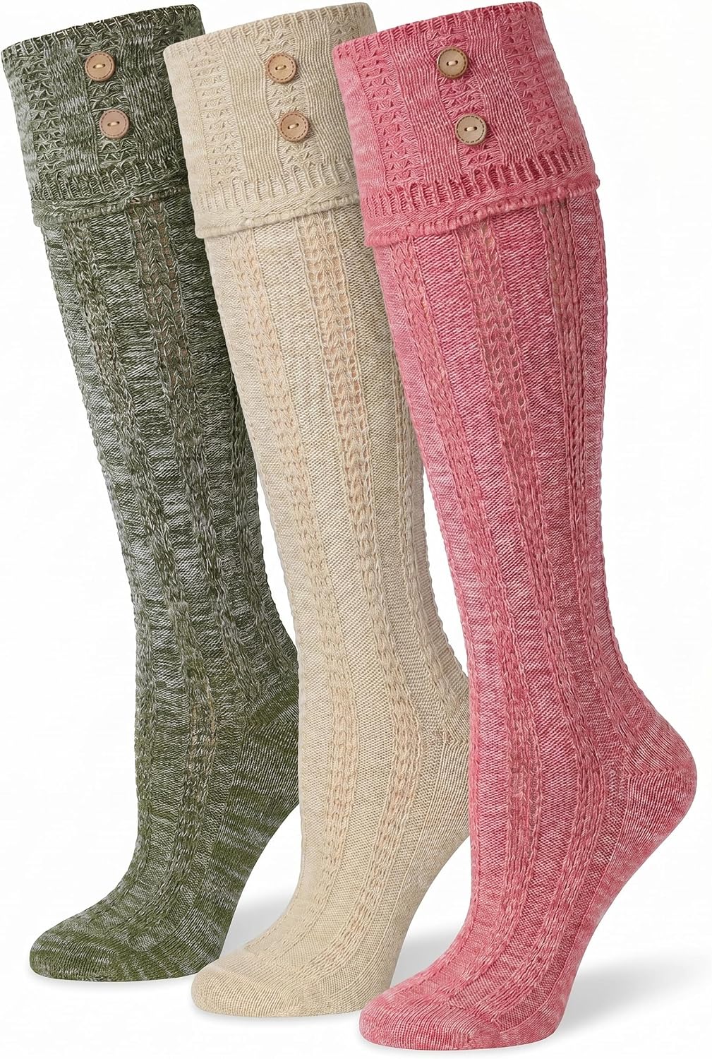 Tipi Toe Women's 3-Pairs Winter Warm Knee High/Over The Knee With Buttons Cotton-Blend Boot Socks