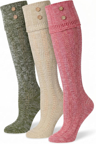 Tipi Toe Women's 3-Pairs Winter Warm Knee High/Over The Knee With Buttons Cotton-Blend Boot Socks