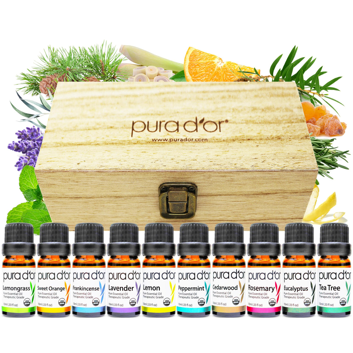 PURA D'OR Organic Perfect10 Essential Oils Set - 10x 10mL Wood Box Aromatherapy Gift Set - 100% Pure Therapeutic Grade for Relaxation and Wellness (Lavender, Peppermint, Eucalyptus, Tea Tree & More)