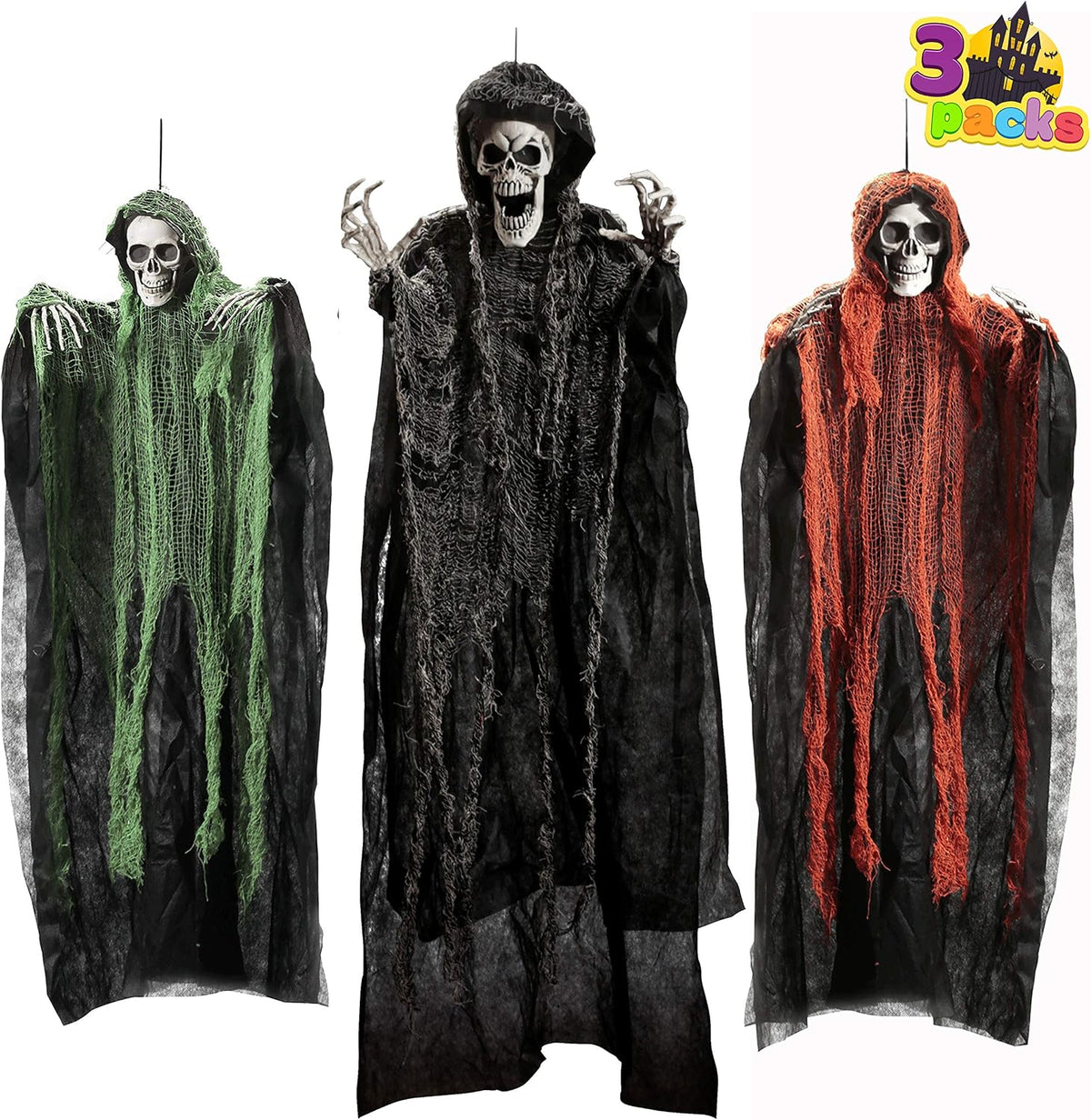 JOYIN Halloween Hanging Grim Reapers (3 Pcs), One 47” and Two 35” Grim Reapers, Halloween Skeleton Flying Ghost for Haunted House Prop Décor, Outdoor Indoor Décor