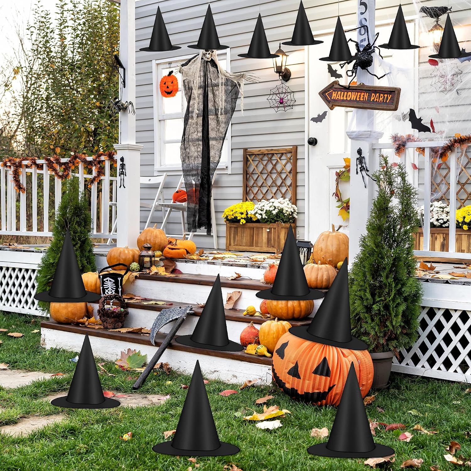 Luces 24 PCS Witches Hats Halloween Decor, Thick Hanging Witch Front Porch