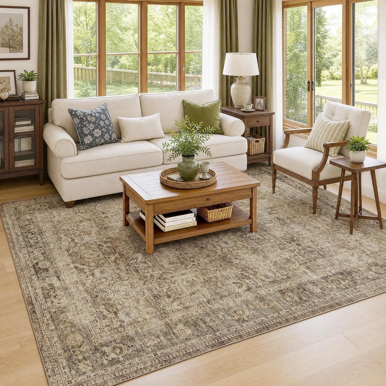FMFUNCTEX 5x7 Washable Brown Neutral Vintage Retro Area Rug for Living Room