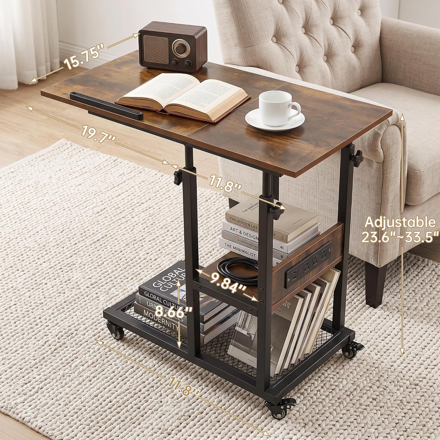 Hadulcet Adjustable C Table with Charging Station, Tiltable Desk C Shaped End Table for Couch, Over Bed Table with Wheels Adjustable Height, Hospital Table Laptop Stand Drawing Desk, Rustic Brown