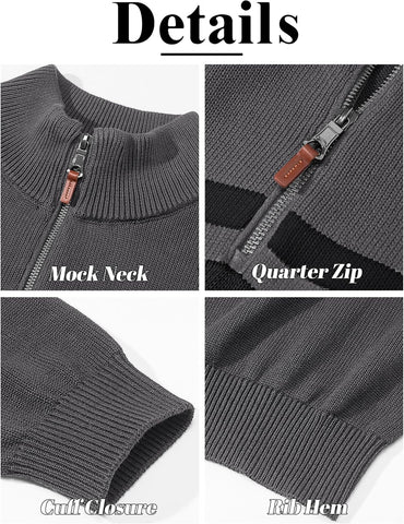 TACVASEN Men's Quarter Zip Sweaters Cotton Pullover Sweater Striped Casual Fall Winter Warm Pullover Sweatshirts