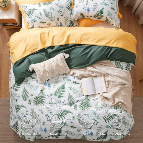 Bedsure Duvet Cover King Size - Reversible Plants Duvet Cover Set with Zipper Closure, 3 Pieces Green Bedding Set with 8 Corner Ties and 2 Pillow Shams 20"x36"