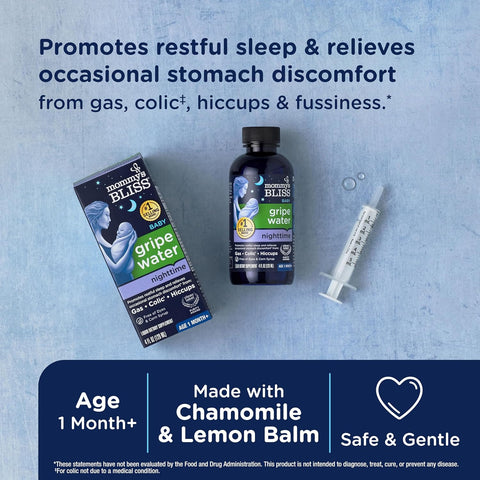 Mommy's Bliss, Bottle, Mommy's Bliss Night Time Gripe Water for Baby's Tummy Trouble - Relieves Occasional Infant Stomach Discomfort from Gas, Colic, Fussiness, Hiccups , 4 Fl Oz