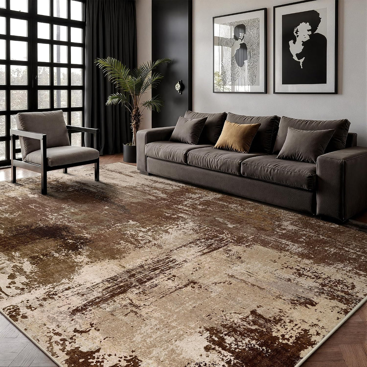 6x9 Area Rugs - Modern Abstract Washable Rug, Ultra Soft Non Slip Low Pile Large Rugs for Living Room, Floor Carpet for Bedroom Dining Room Office Laundry Nursery Home(A-Brown)