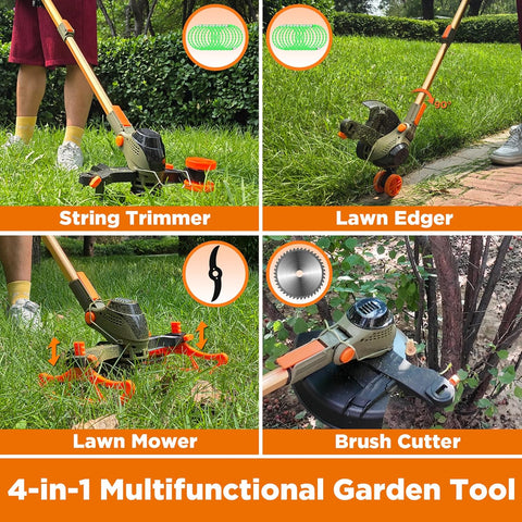 13" Electric Weed Wacker, 4 in 1 Cordless String Trimmer/Lawn Edger/Lawn Mower/Brush Cutter with Steel Gears, 2×21V 6.0Ah Batteries & Charger, 5.2 LBS Lightweight Grass Trimmer for Yard Garden