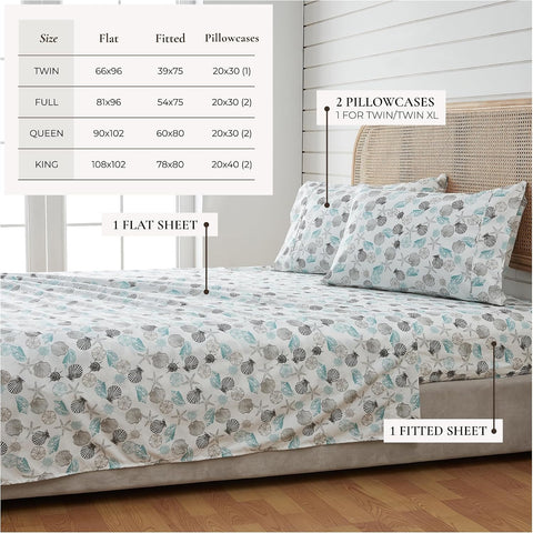Great Bay Home King Coastal Microfiber Sheet Set - 4-Piece Nautical-Printed, Ultra-Soft Sheets - Beach-Themed Bedding Sheets & Pillowcases (Seashell)