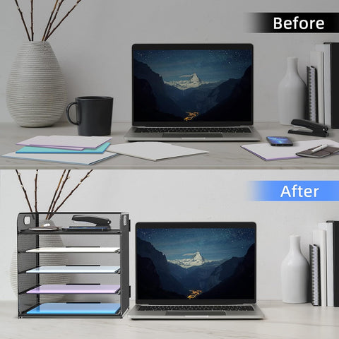 Supeasy 5 Trays Paper Organizer Letter Tray with Handle-Mesh Desk File Holders, Paper Sorter Desk Organizer for Office, Home, Classroom or School