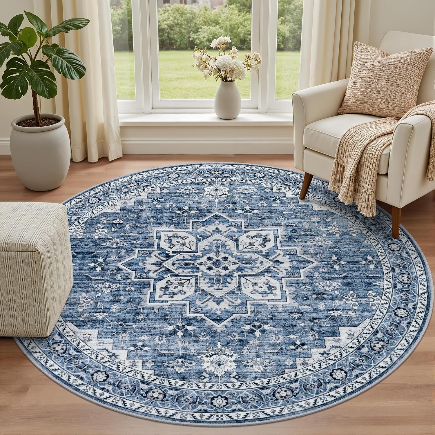 Round Area Rug for Living Room: 6ft Washable Rug for Bedroom Blue