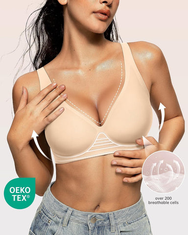 OEAK Womens Jelly Bras Wireless Deep V Comfy Push Up Tshirt Bras XXL Beige