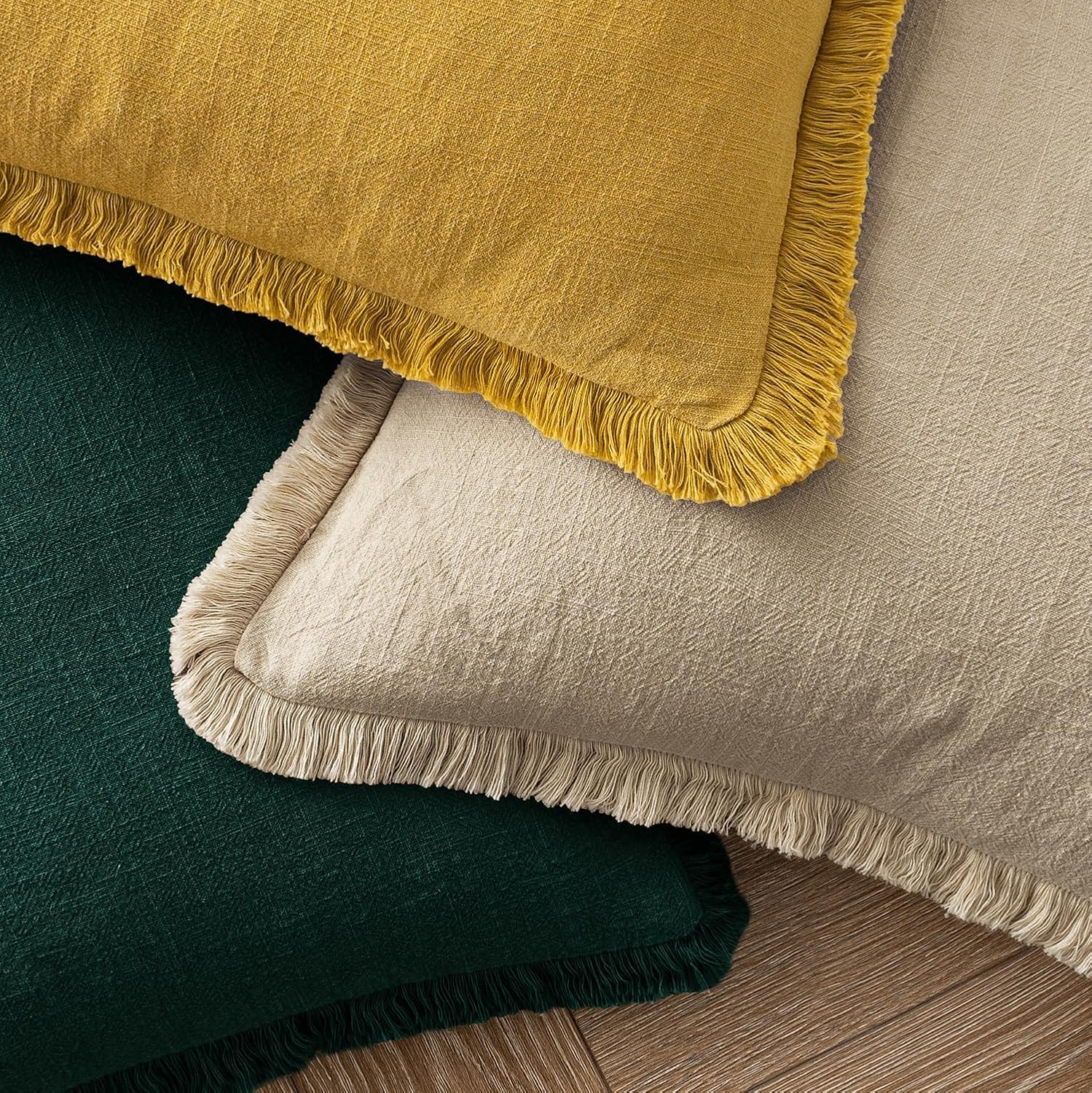 MIULEE Boho Linen Fringe Decorative Throw Pillow Covers Beige 16x16