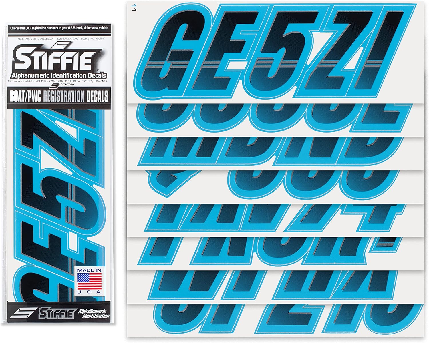 STIFFIE Techtron Black/Sky Blue 3" Boat & PWC Registration Decals • Numbers Letters Stickers
