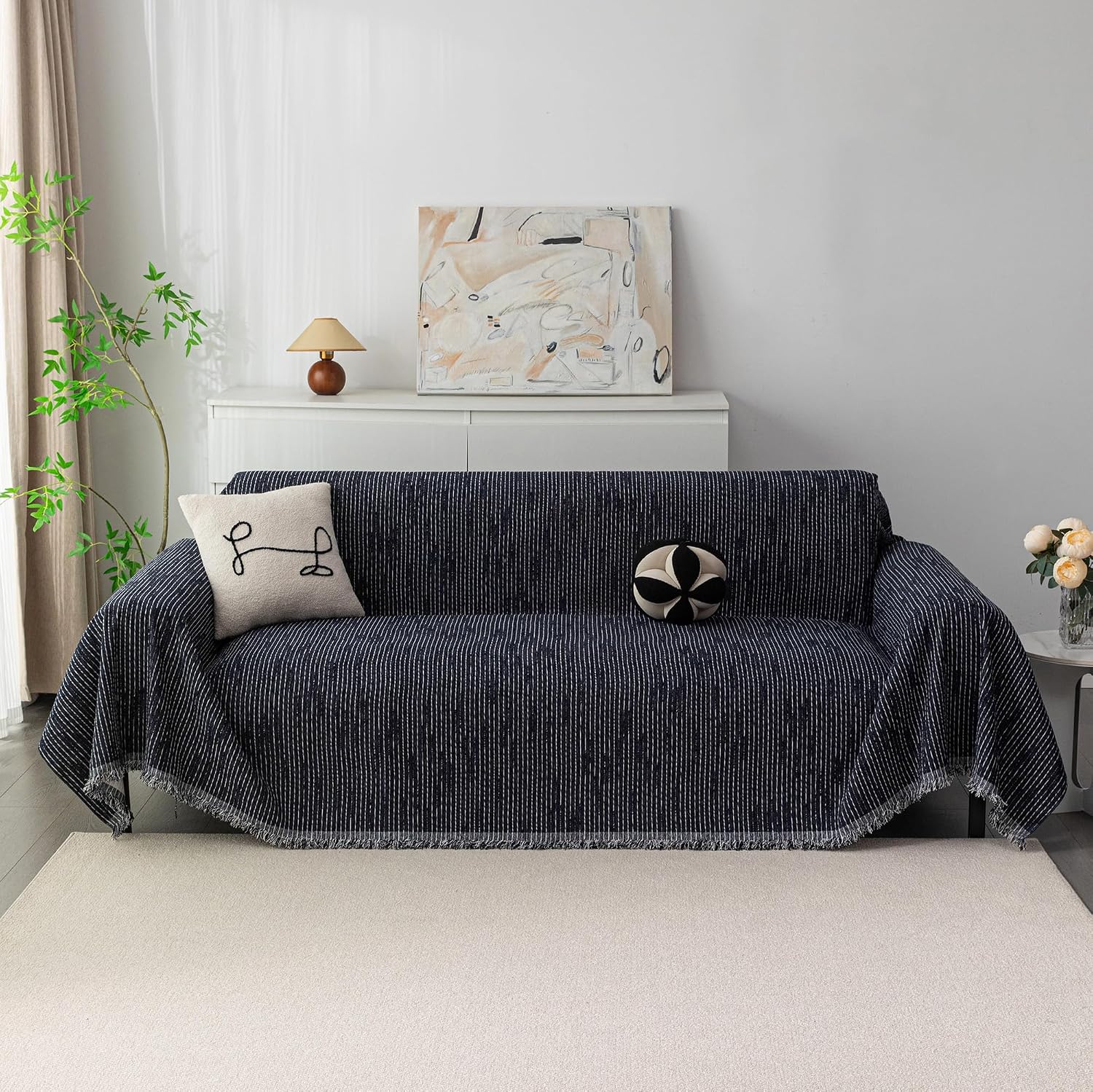 MYSKY HOME Couch Covers for 2 Cushion Couch Sectional Sofa, L Shape Sofa Protector Navy Chenille Couch Cover, Sofa Covers Washable Blanket with Tassel Pet Couch Cushion Cover, 71"X102"
