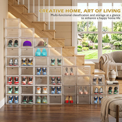 Sturdy Clear Shoe Organizer with Magnetic Door, Stackable Shoe Storage Box