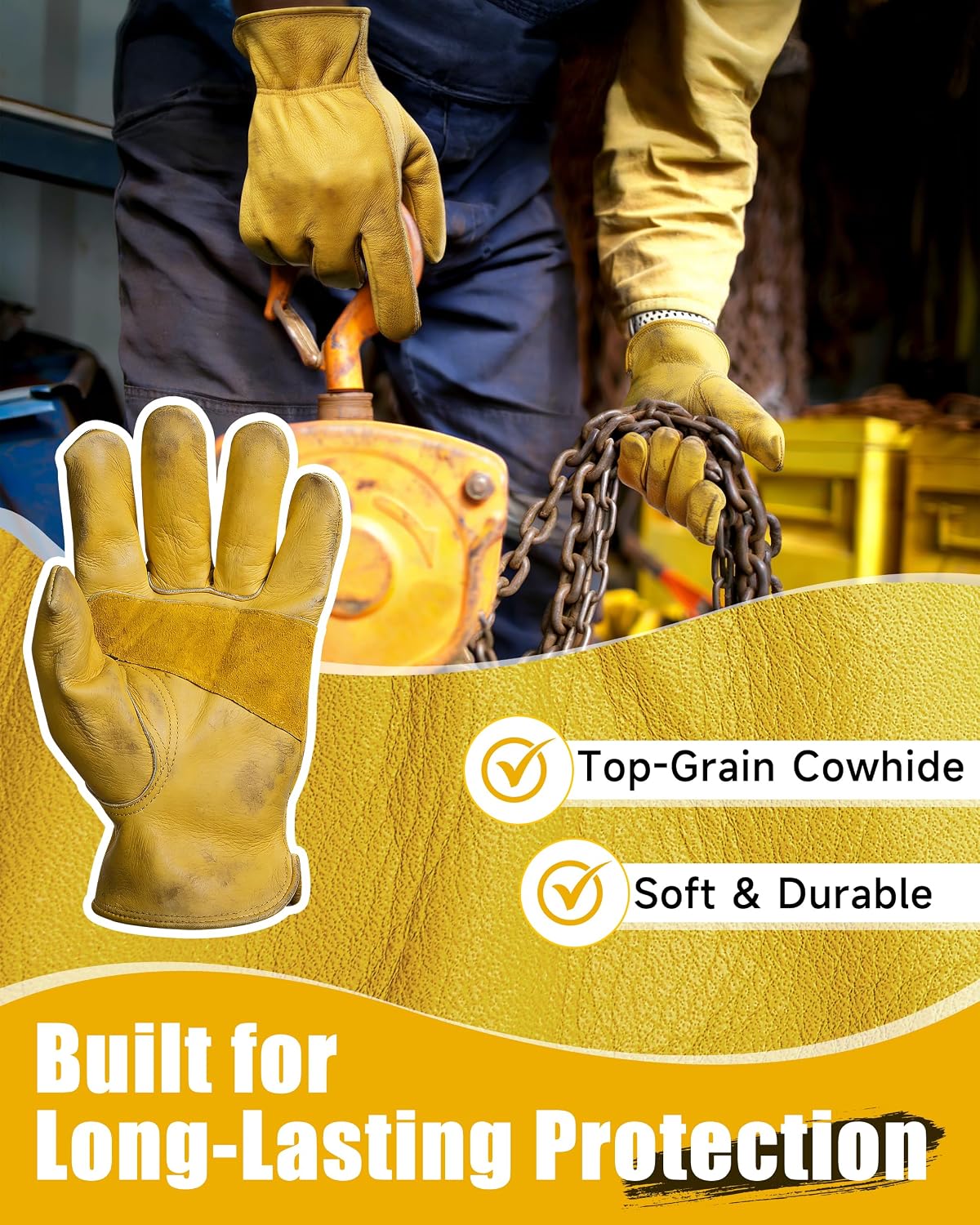 DULFINE Cowhide Leather Gardening Work Gloves for Men 1/3/12 Pairs