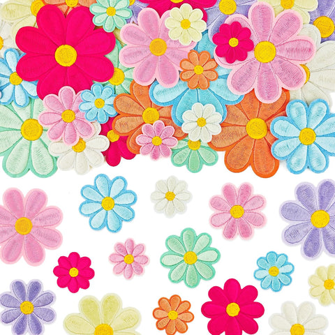 32Pcs 4 Sizes Daisy Flower Iron on Patches, Cute Embroidered Floral Applique Patches for Clothes, Bags, Hats, Jackets, Jeans and Backpacks(Large)