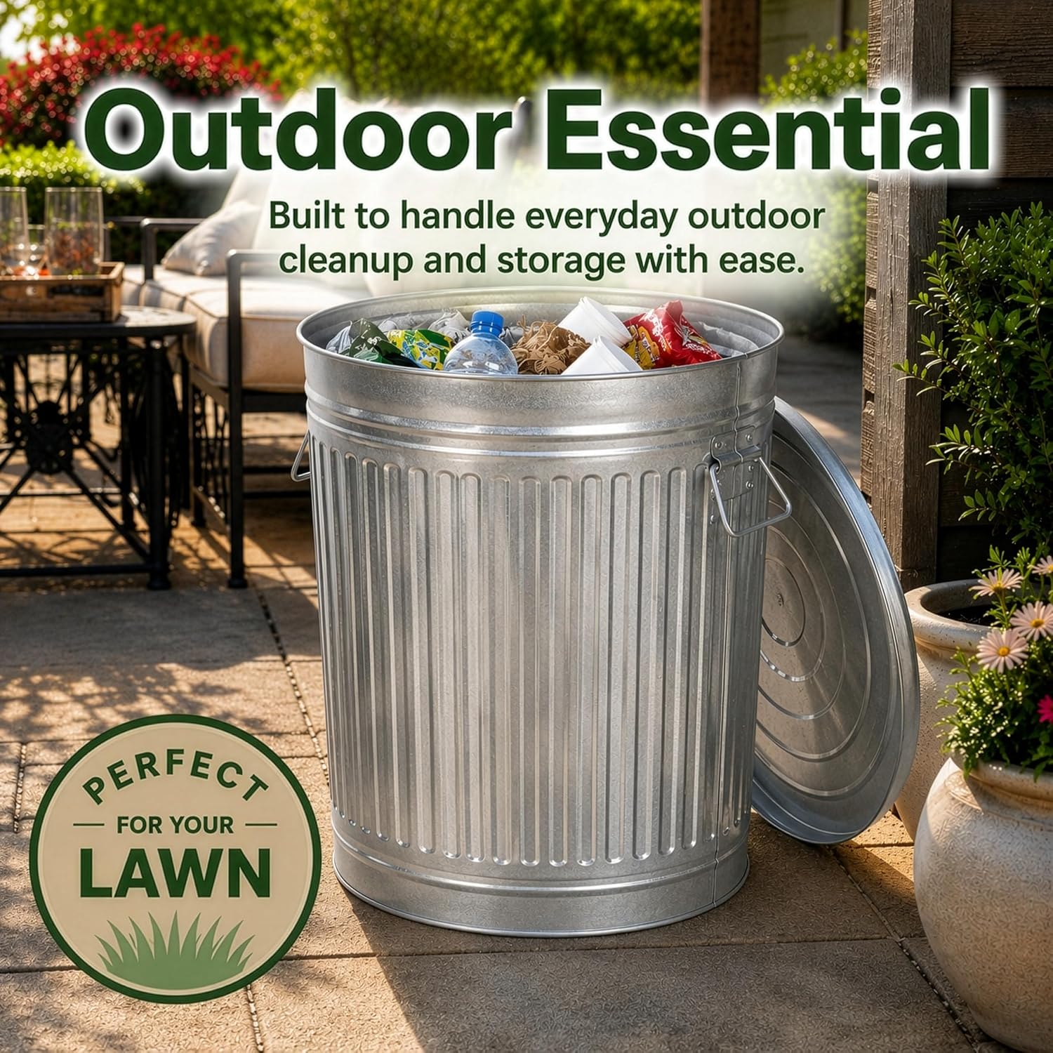 Gardenised Round Galvanized Steel 15 Gallon Trash Can with Lid and Handles Durable Metal Storage Bucket for Backyard Lawn Garden and Yard Use Weather-Resistant Garbage Can for Indoor and Outdoor