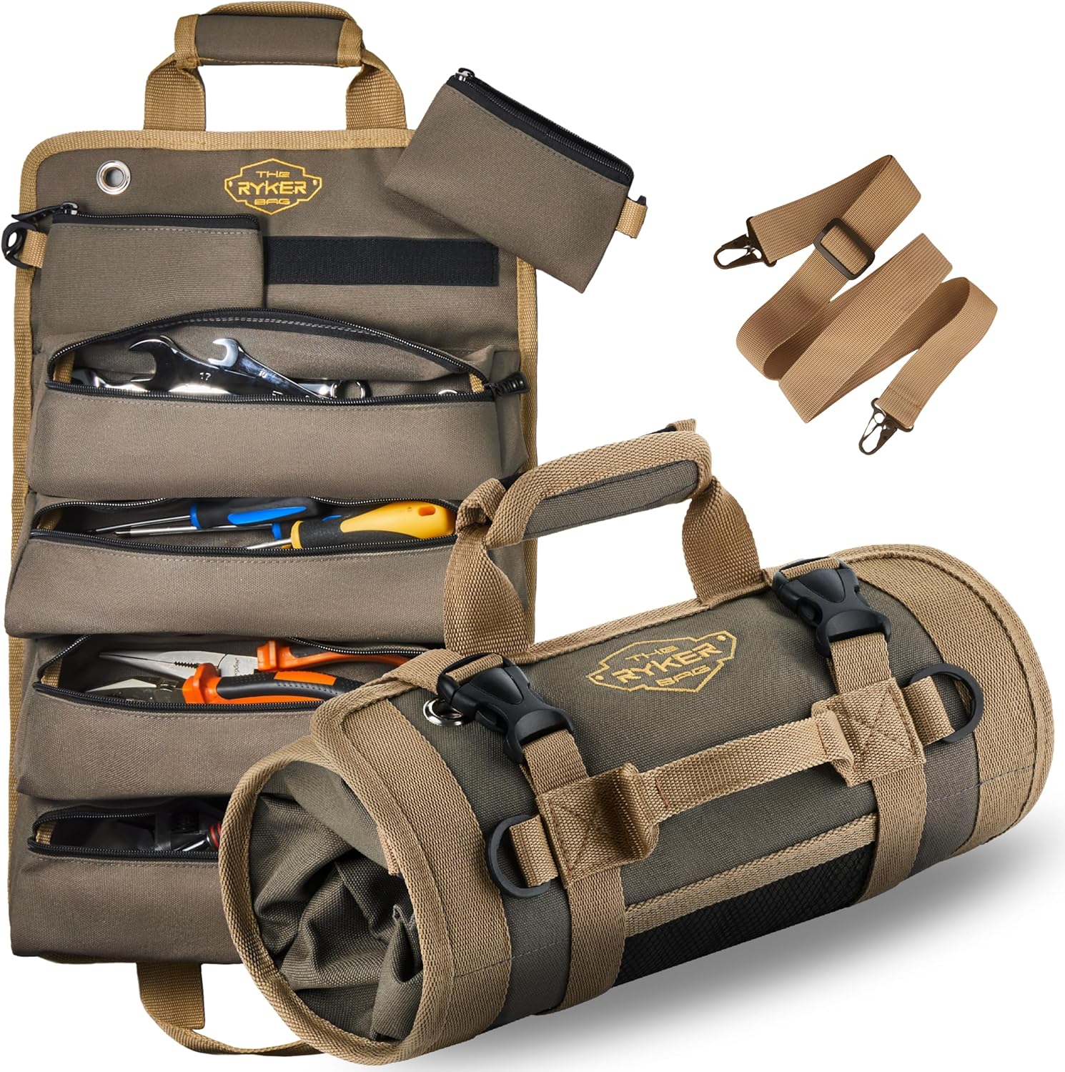 Ryker Heavy Duty Roll Up Tool Bag Organizer w/Detachable Pouches, Gift for Men