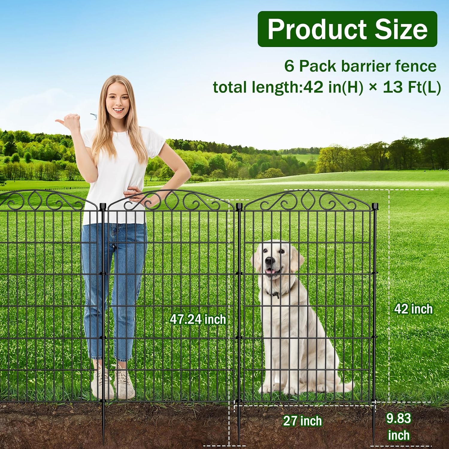 6 Panel No Dig Decorative Garden Fence with Gate 42" H x 13'L for Pets