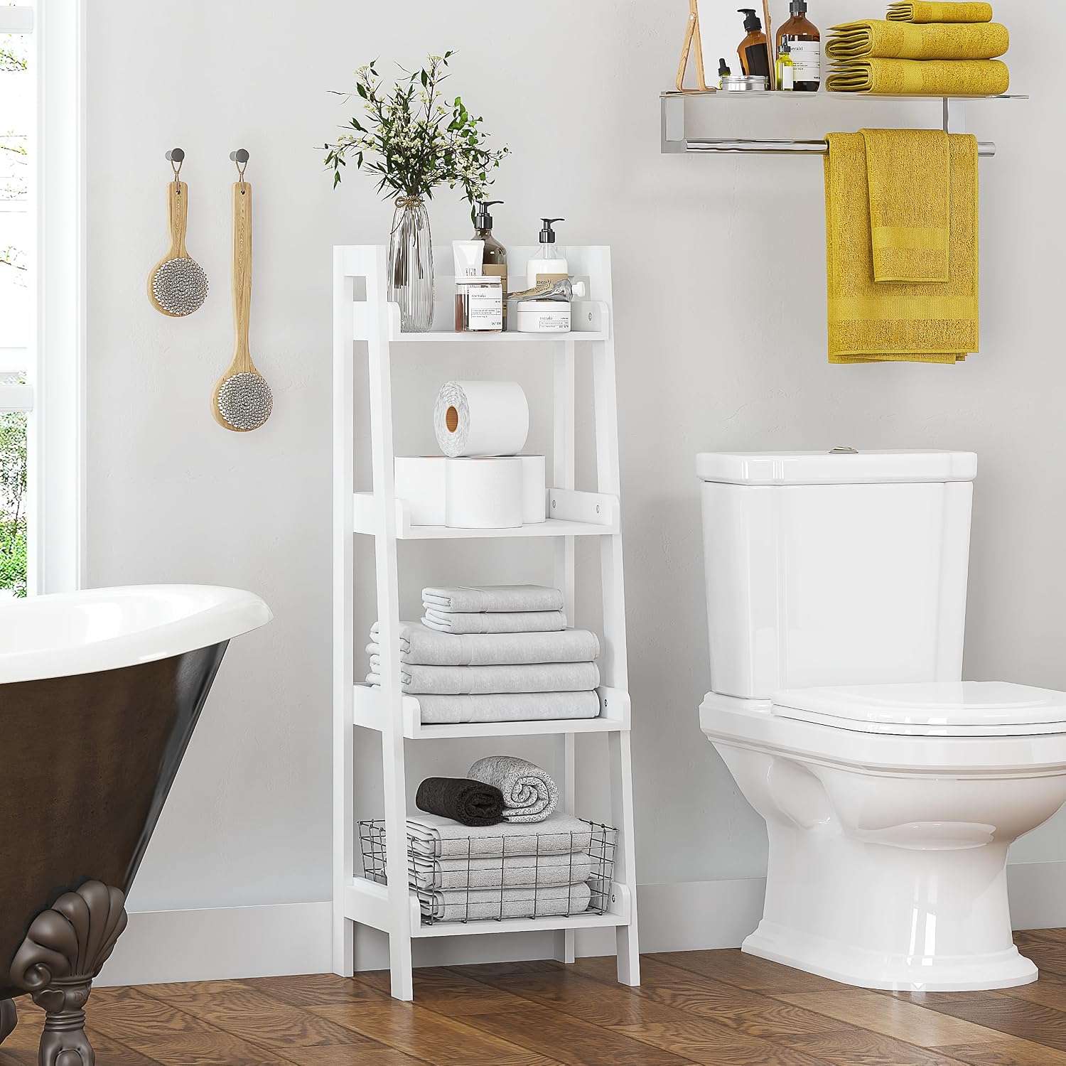 UTEX Freestanding Bathroom Storage Shelf with 4-Tier Ladder Design, White